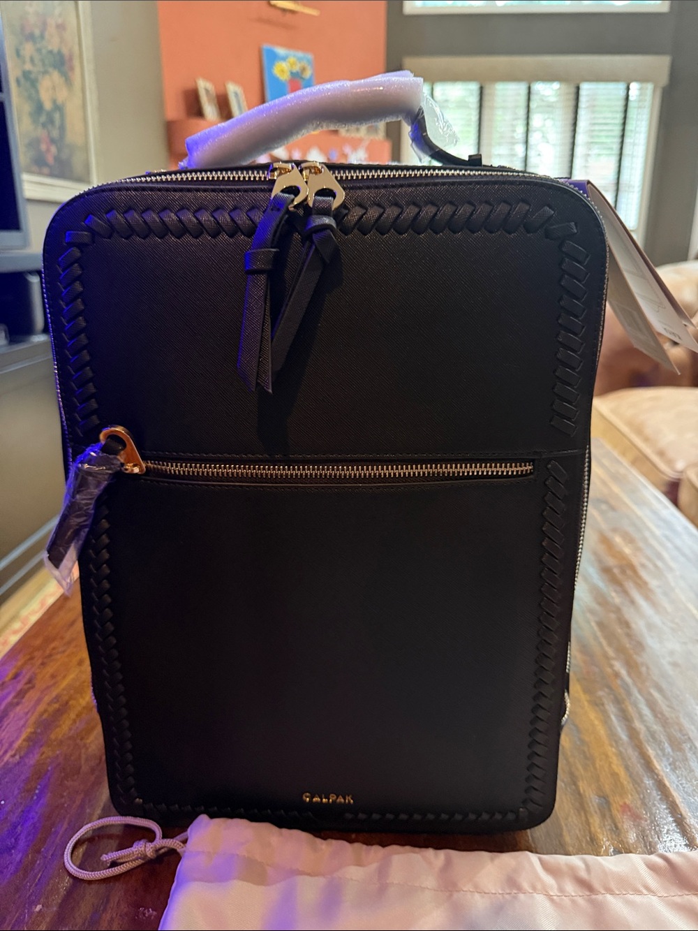 Calpak Kaya Black Structured Laptop Bag with Woven Trim